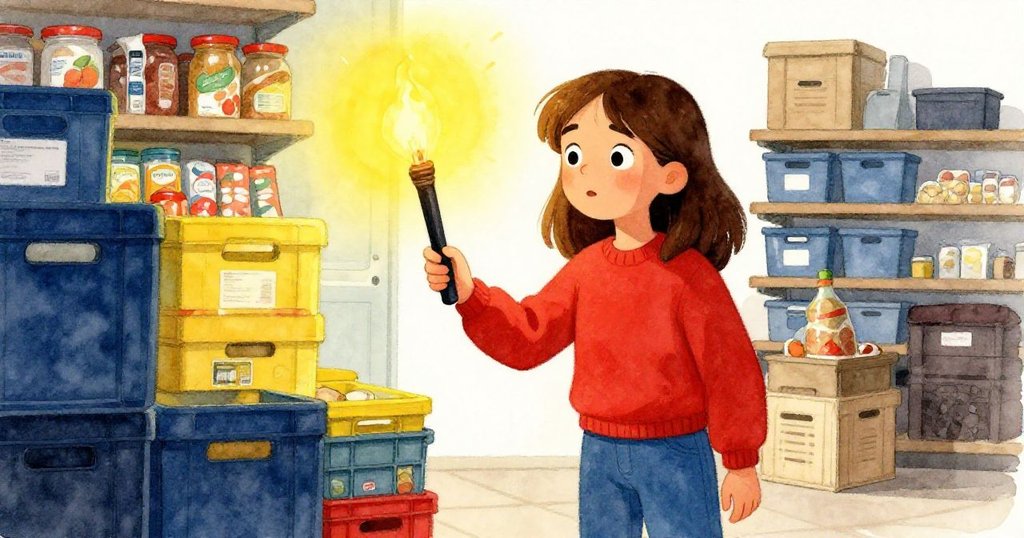 Olive轉至存貨區，手持手電仔細檢查堆放物品，室內空間整潔明亮，流露探索與小心謹慎情感。