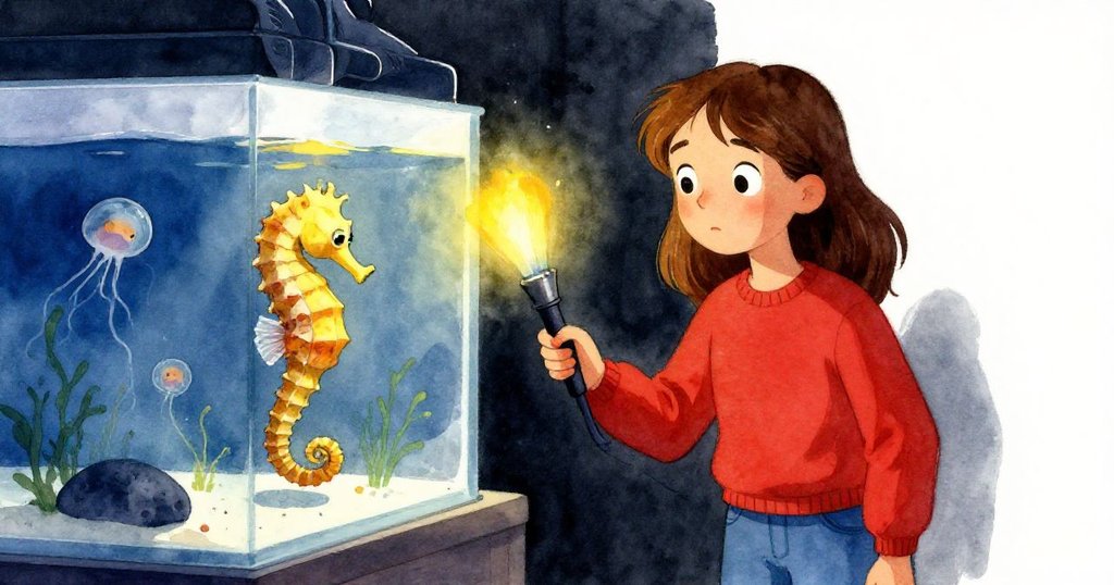 Olive小心調整手電，冷光下水族箱內成群微光浮游生物環繞夢幻海馬，瞬間由疑慮轉為驚奇。