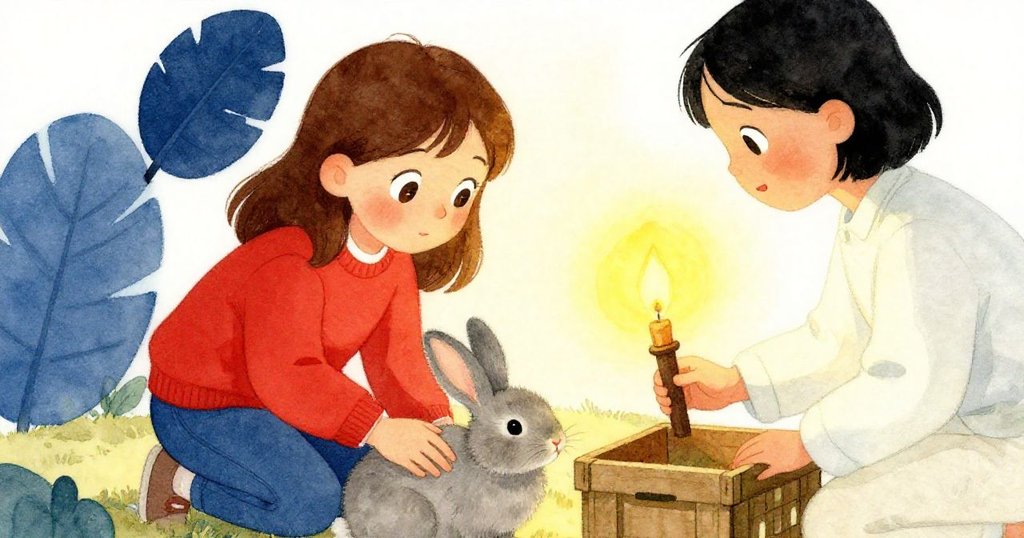 Olive與照顧者在互動區共享溫馨時刻，照顧者輕撫灰兔，Olive將手電置於貨箱上，情感溫柔而平和。