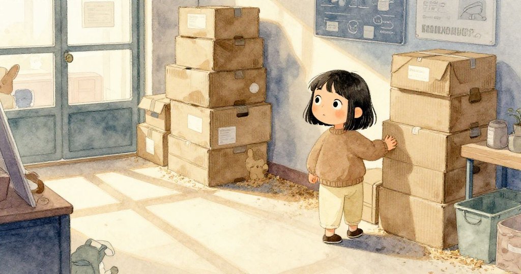 格蕾塔在寵物店中早晨光線下走向堆放的紙箱，背景充滿暖色調光影，她眼神專注充滿好奇。