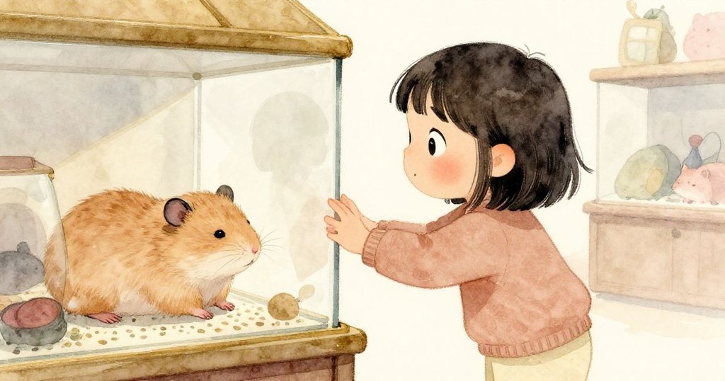 格蕾塔在展示區輕輕敲打玻璃，玻璃中隱約可見睡著的倉鼠輪廓，畫面留白突顯寧靜與緊張。