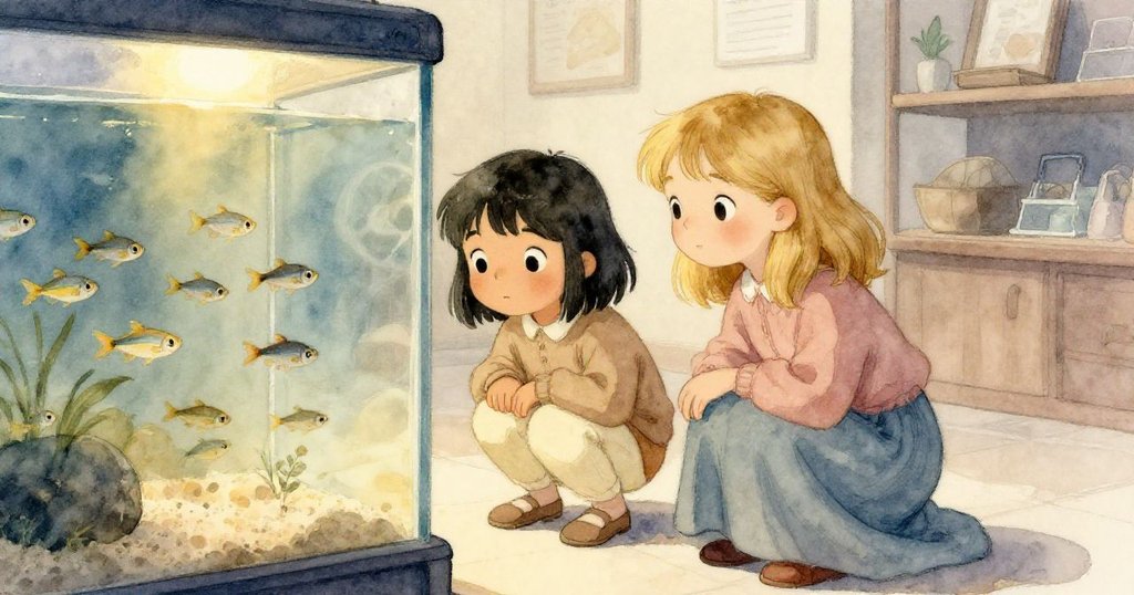 格蕾塔與羅莎蹲在水族箱前透過玻璃觀察活潑的小魚，水中光影流動，展現好奇與期待的神情。