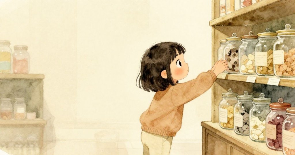 格蕾塔在寵物店隱秘的貨架前伸手檢查空空如也的零食罐，室內光影柔和，她的表情流露出失望。