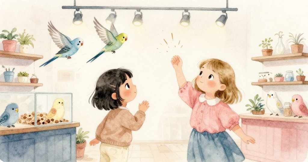 格蕾塔與羅莎驚喜地注視著兩隻小鸚鵡在燈光下飛舞，柔和的光影中充滿快樂與活力，背景彰顯寵物店氛圍。