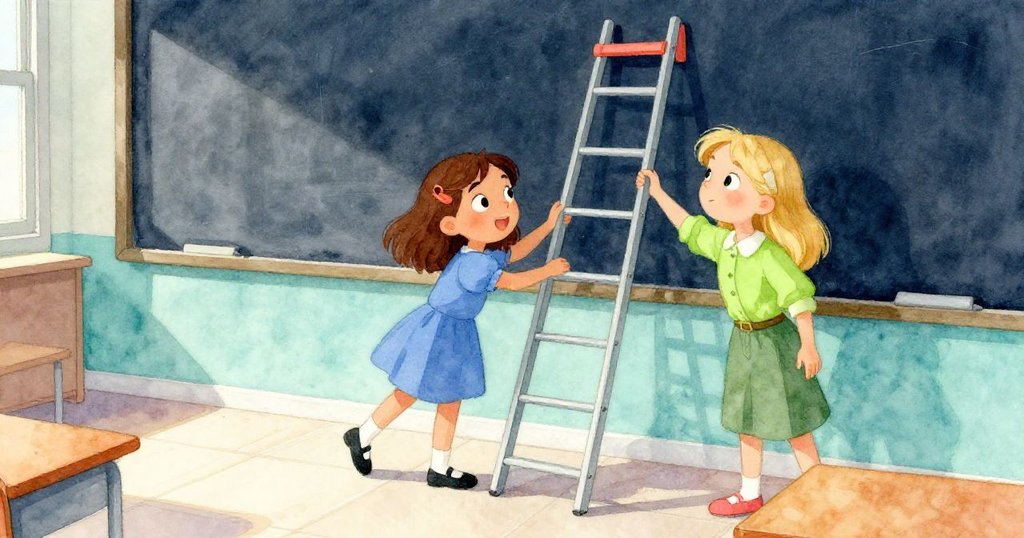 Hazel指揮Faye調整梯子,教室內光線明亮,地板有粉筆灰,兩人動作生動,氣氛緊張而充滿期盼。