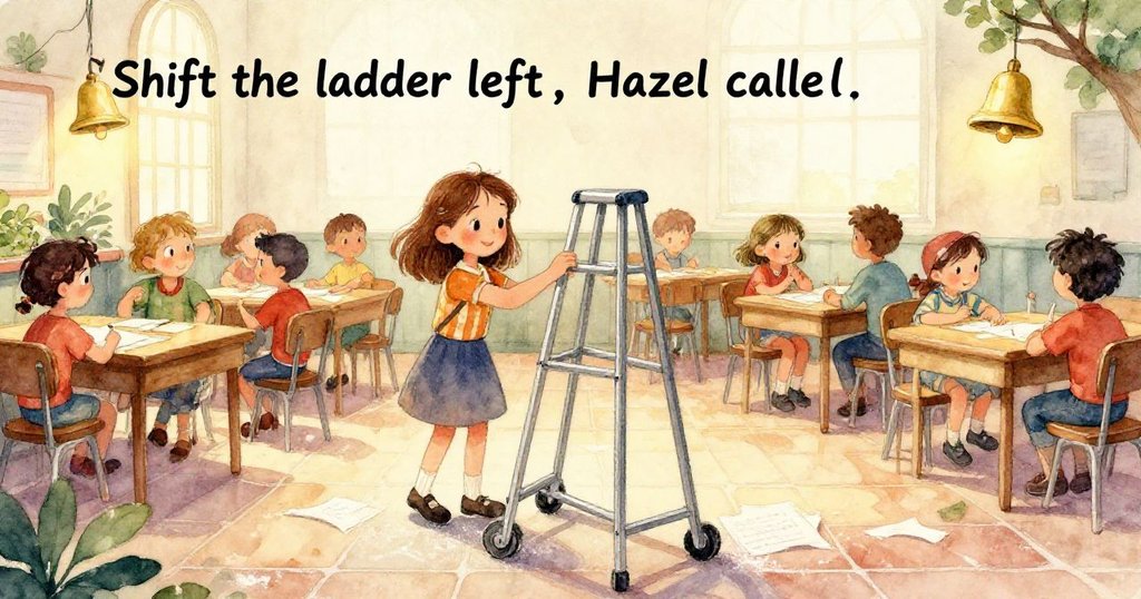 Faye的手緊握金屬梯子細節清晰,橡膠腳與粉筆塗層的瓷磚呈現生動質感,專注而穩定。