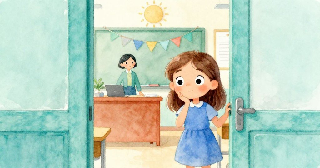 透過半敞開的門觀看室內,Hazel靜思時間,桌上捲著太陽紙條,環境光線柔和充滿期待。