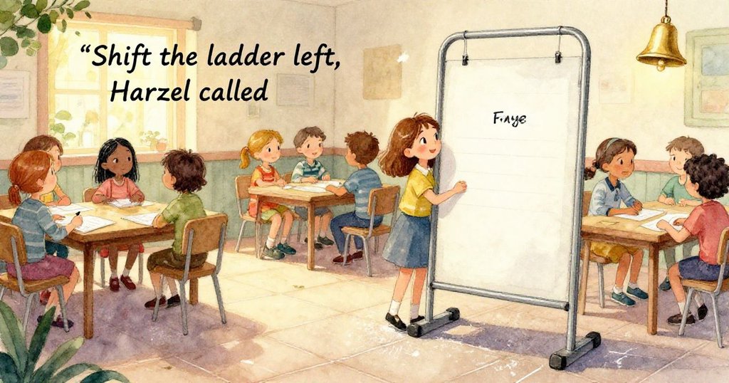 課室中梯子突然晃動,使高架上玉米棒呈現不尋常排列,角度扭曲,畫面帶有神秘而活力的氛圍。