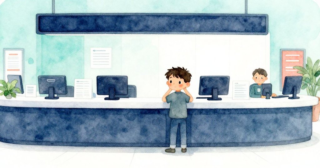 拉費在海關大廳靜靜等待,輕觸紙張,神情專注,背景有數字屏幕與等待區,氣氛平和。