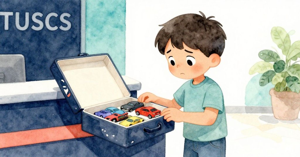 拉費在櫃檯上仔細檢查模型車紙箱,神情擔憂,撕裂的膠帶和秤台背景突顯緊張氣氛。