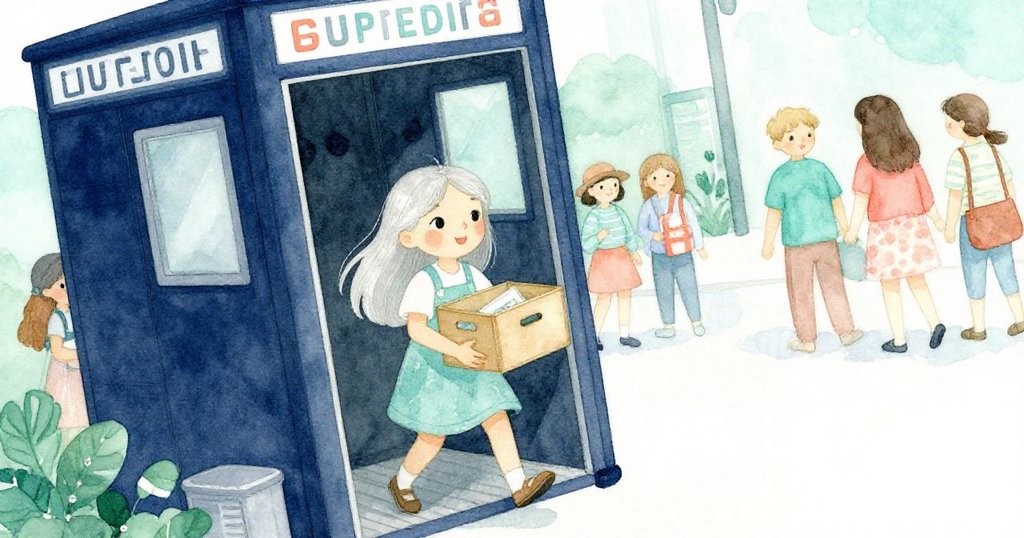 羅莎從照相亭角落活躍走出,手抱通過檢查的小箱子,動感姿態與背景印表機共同營造忙碌氛圍。