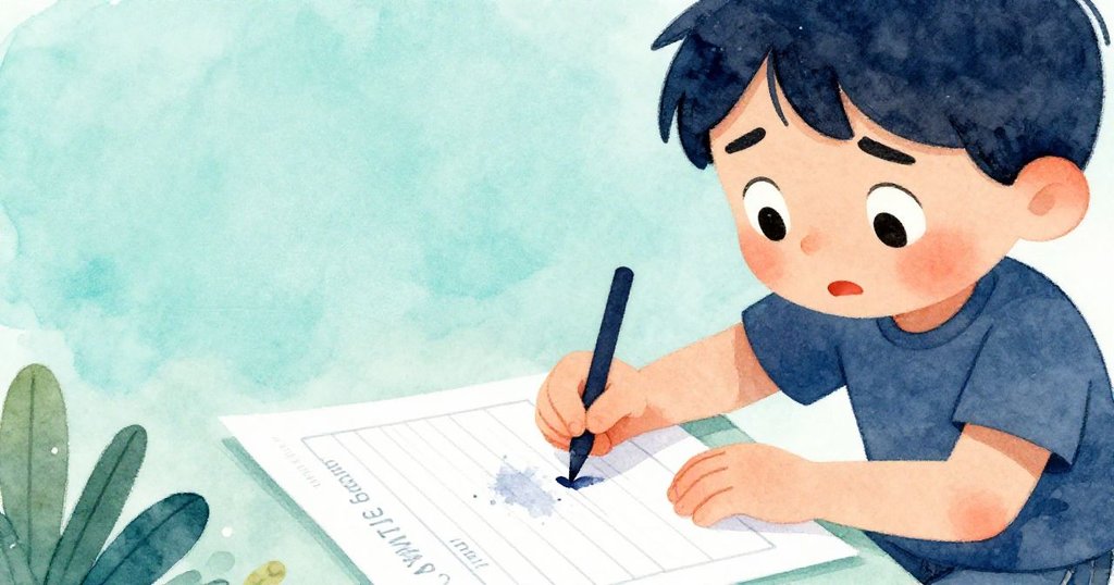 拉費近鏡頭特寫表情緊張,重新書寫表單時筆觸滑動致墨水暈染,呈現內心掙扎與堅定意志。