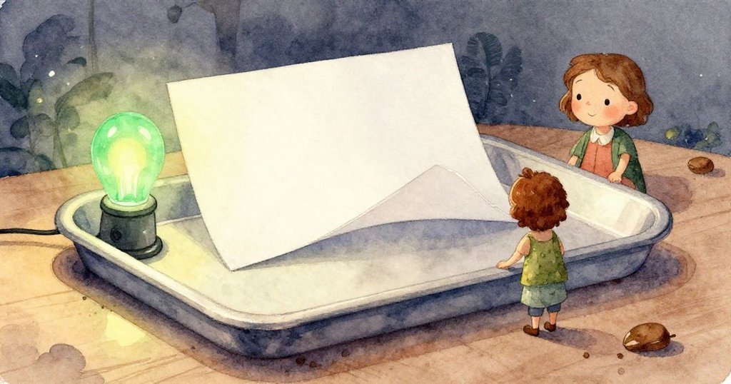 紙盤近照呈現一張光澤紙張邊緣如彎曲硬幣般細節，綠光閃爍中透露辦公室科技感。