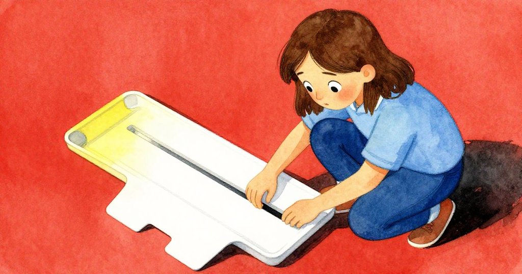 高角度畫面中，Maeve蹲下並伸手進入紙盤狹縫，她的手指觸碰粗糙表面，神情堅定。