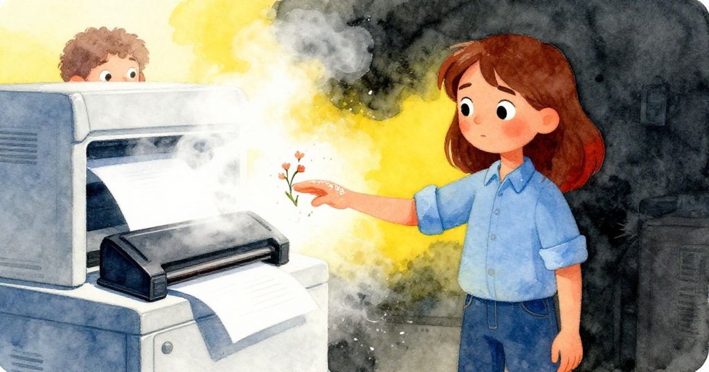 Maeve的手腕被紙粉和噴墨霧氣包圍，宛如水下般朦朧，細膩機械細節中透出驚奇與緊張。