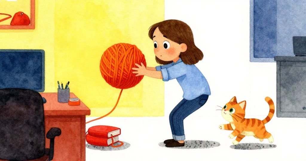 Maeve發現卡紙原因—橙色條紋泡沫球，同時可愛的橘貓搶奪玩具，神情驚喜，辦公室氣氛輕快。