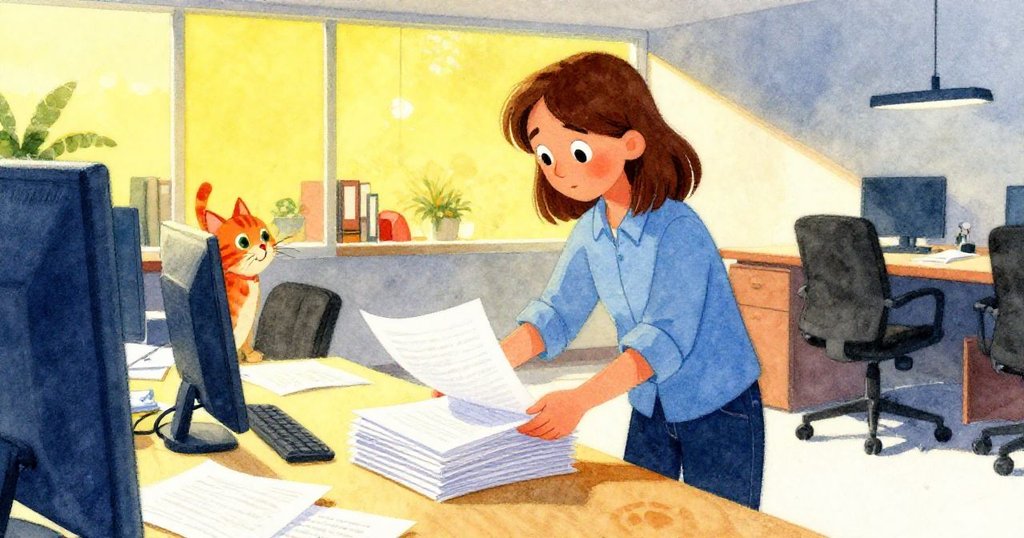 黃昏時分，Maeve在溫暖金光中將輸出紙張疊好，紙張邊緣微捲，旁邊留有小貓爪痕，結束考驗。