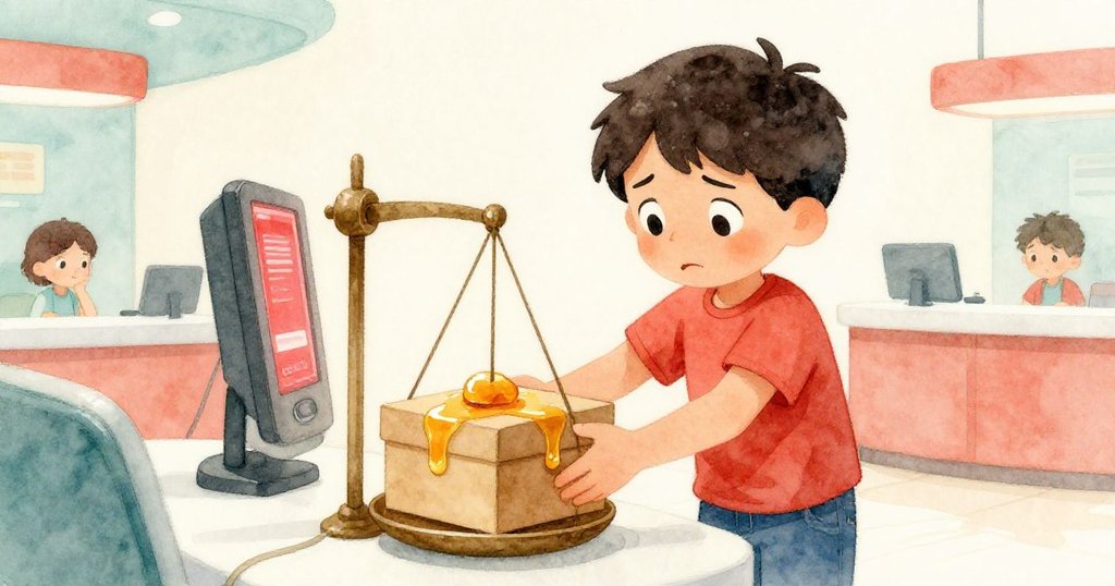 Wade小心將盒子放上青銅秤,紅光閃動顯示超重,他神情專注且略帶憂慮,展現誠懇努力。