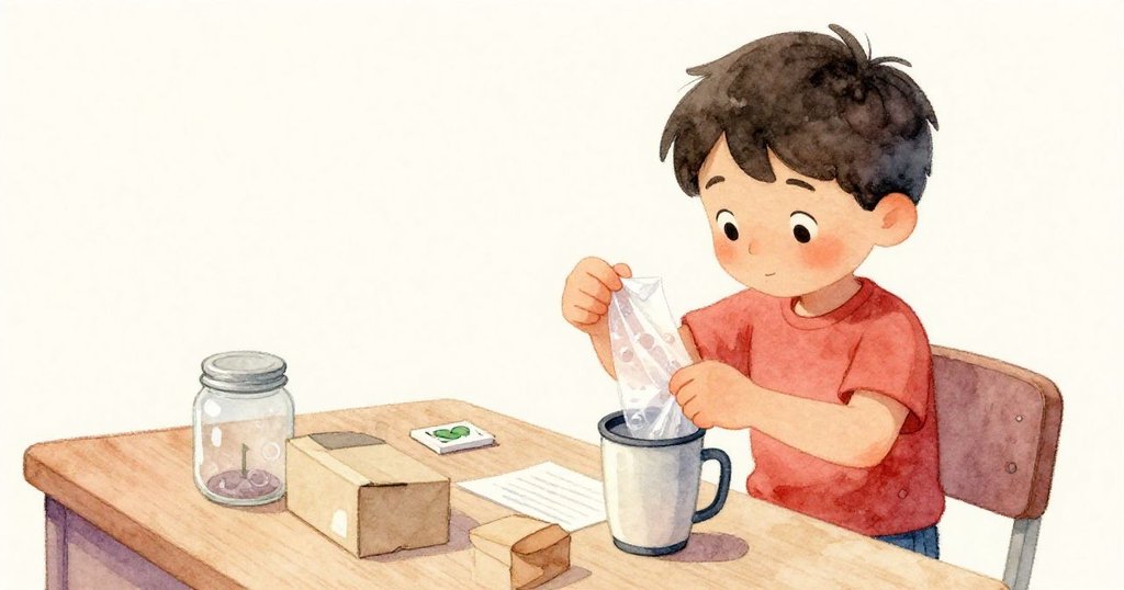 Wade於辦事櫃台內動作仔細,撕去旅行杯泡泡膜並補好盒子,旁擺印章與硬幣罐營造溫馨細節。