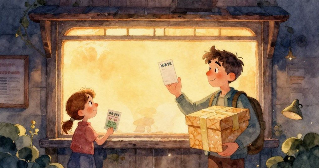 玻璃果醬罐甩落擊中郵件管,票紙如緞帶飄過橙色地磚,櫃台職員伸手攔阻,動感十足。