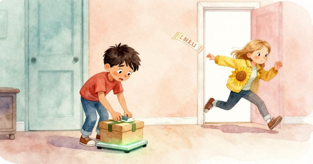 Wade臉上露出勝利微笑,盒子穩放秤上顯綠光,女孩穿向日葵外套追逐票據,室內外光影交融,溫馨落幕。