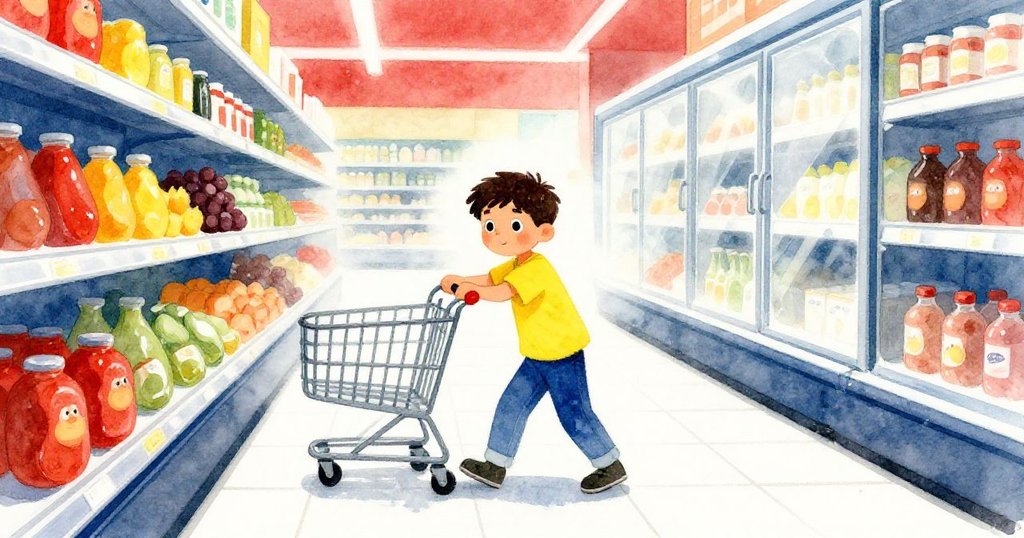 在超市冷凍室中,Jude推著金屬手推車進入門口,四周霧氣繚繞,臉上充滿決心與好奇,情境神秘冷冽。