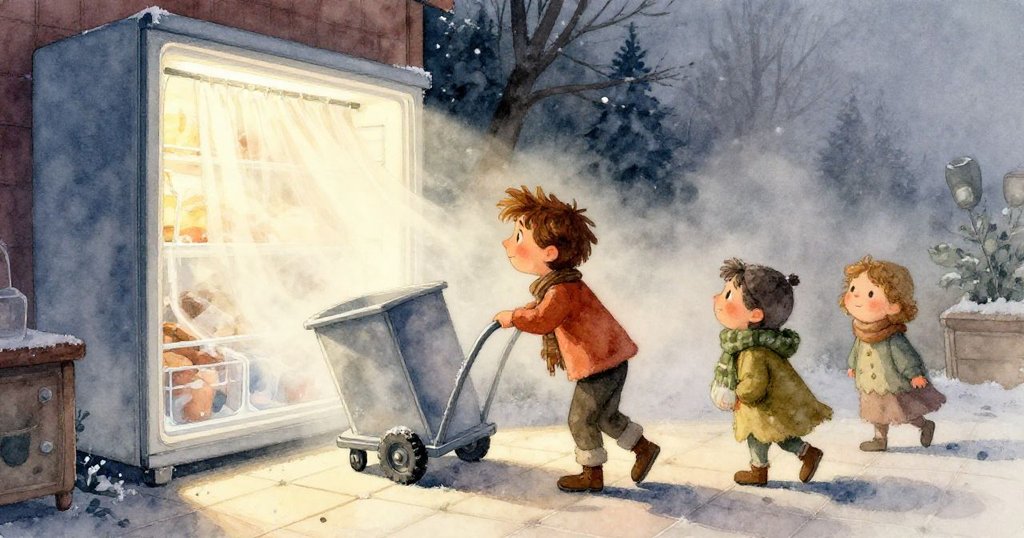 在冷冽貨架邊,Jude的手輕觸結霜金屬把手,背景中冷凍豌豆與隱約罐裝醬料形成鮮明對比,表情沉思。