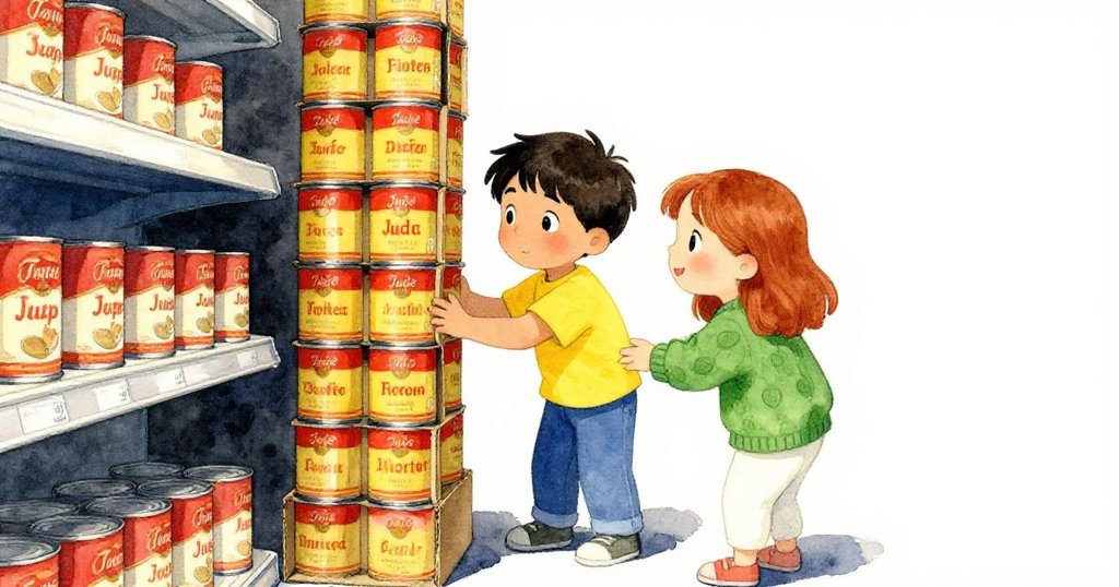 在雜貨通道中,Jude與Fern好奇地透過湯罐堆砌的小縫隙觀望,Fern側身推動紙板塔,臉上滿是專注與期待。