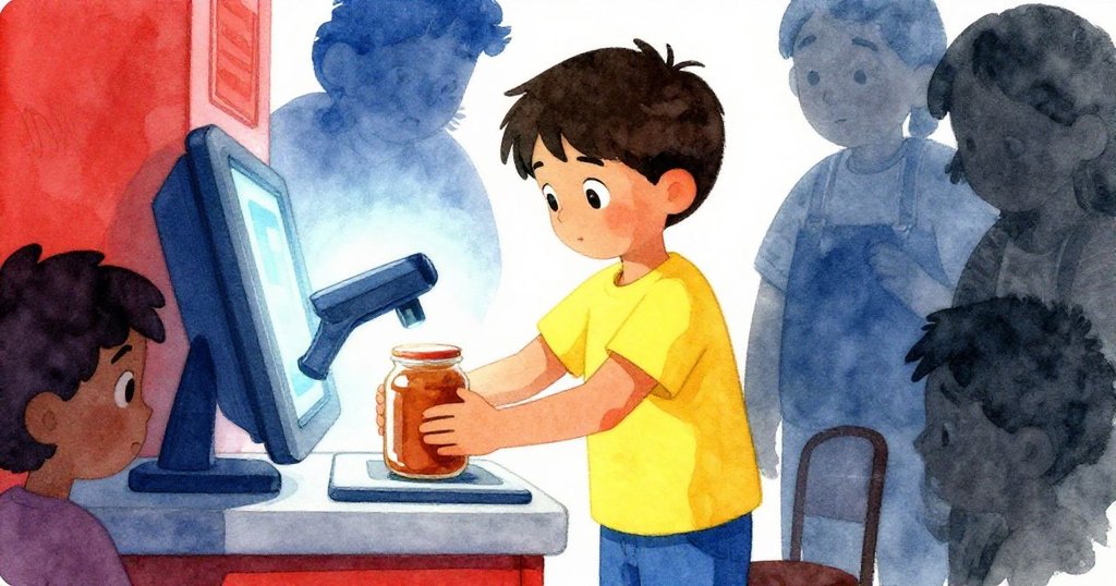 在現代自助結帳區,Jude專注地握著滑溜瓶子放在掃描器下,臉上流露出決心與微微擔憂的神情。