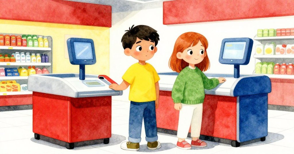 在寬闊的超市結帳區,Jude與Fern並肩而立,臉上流露輕鬆與勝利,整體環境充滿鮮豔燦爛氛圍,情節圓滿落幕。