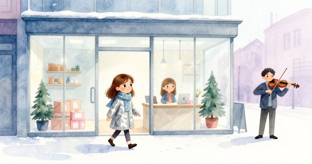 克拉拉走在現代都市街頭,前往包裹櫃檯,小提琴手在前演奏,建築現代明亮,充滿動感與期盼。