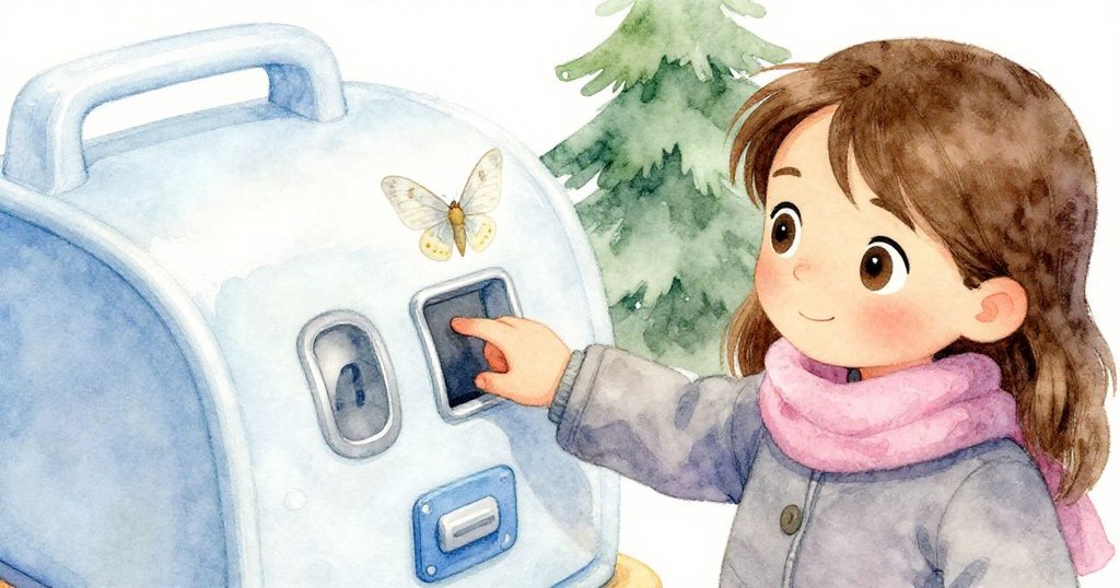 克拉拉仔細觸摸數字機插槽,感受塑料基座細膩質感,旁邊飛蛾輕舞,畫面溫柔專注,細節豐富。