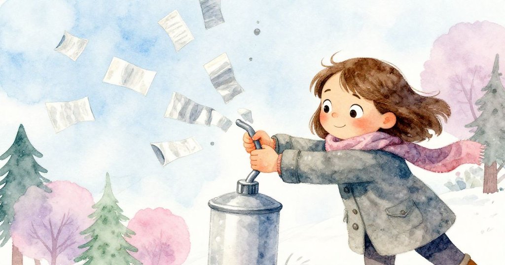 克拉拉專注俯身搖晃數字機,畫面角度扭曲展現動感,皺紙票紛飛,充滿活力與趣味。