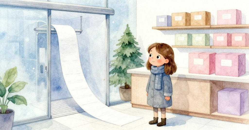 克拉拉站在店內滑門旁,靜靜注視自動紙卷前進,室內現代科技感濃厚,充滿思索與恬靜氣氛。