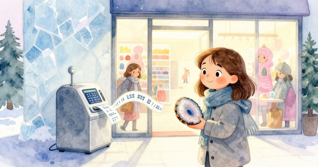 克拉拉滿懷喜悅走出店門,夕陽金光映照都市外景,手握半顆晶洞寶石,自動紙卷輕搖飄飛,充滿溫暖結局。