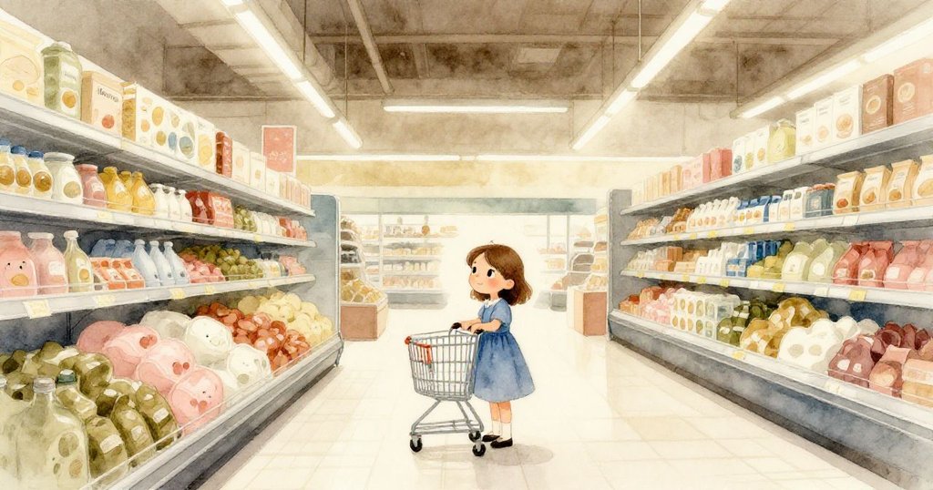 在超市中,Ruby靜立於燈光下,環境溫暖寧靜,展現冒險前期待與平和心情。