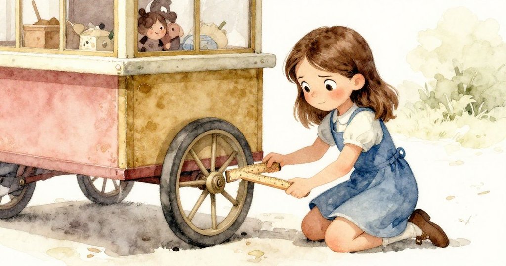 從背後看Ruby跪於滑車旁,用木尺嘗試清除黏膠,神情專注決心解決問題,背景顯現超市情境。