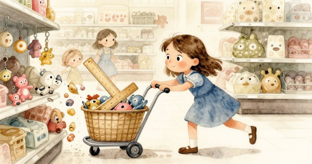 Ruby奮力推動滑車,木尺依舊卡著,籃子裡的小玩具差點翻倒,場面緊張且充滿活力。