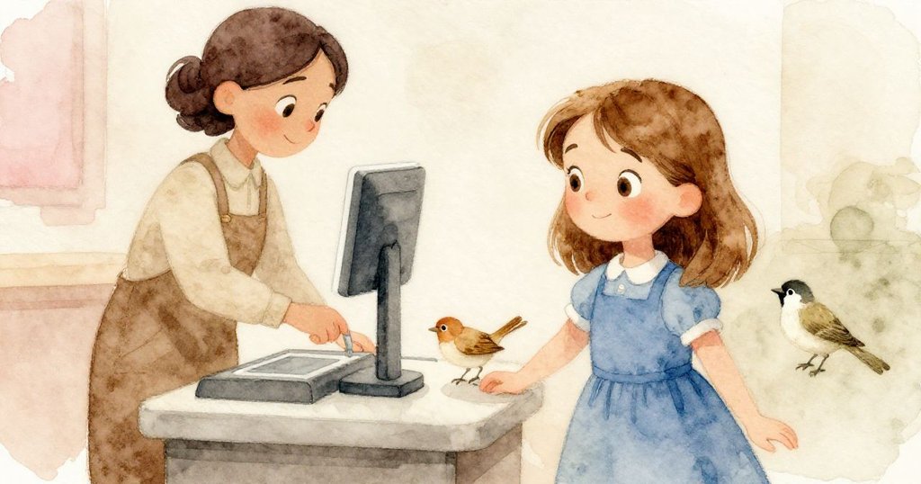 Ruby在自助結帳台前與店員溝通,麻雀輕落尋回金屬小飾品,溫馨結局充滿解決難題後的輕鬆心情。