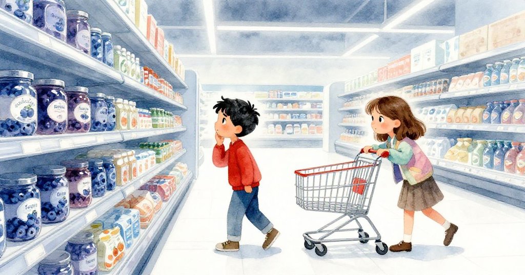 克魯斯注視著高處果醬罐，費依推動購物車，超市內光線柔和，氛圍平靜展開初始冒險。