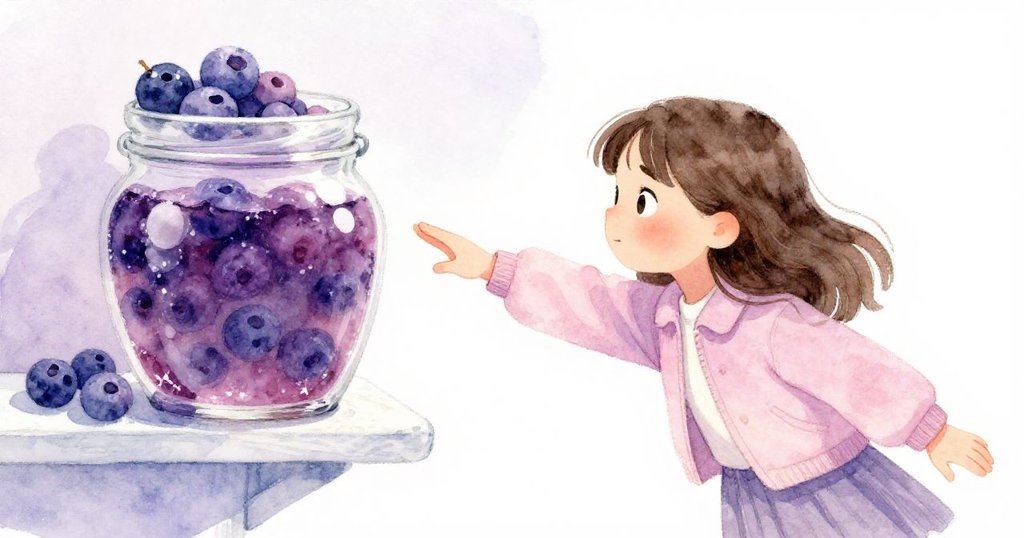 費依伸手觸碰閃耀果醬罐，罐身散發冰霜光芒，細節精緻，場景充滿柔和夢幻氣息。