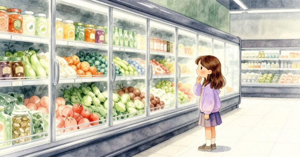 費依站在冰箱玻璃前凝視自己倒影，果醬光影與蔬果鮮明重疊，表情充滿探索與思考。