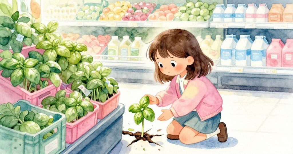 費依在蔬果區跪地檢查瓷磚縫中冒出的羅勒，新鮮蔬菜與堆疊箱子伴隨溫暖光線展現創意時刻。