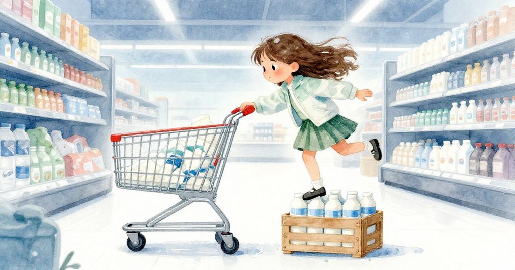 費依站在奶盒堆疊的箱上緊握平衡，購物車輪高速旋轉，表情專注，瞬間張力濃厚呈現動感場景。