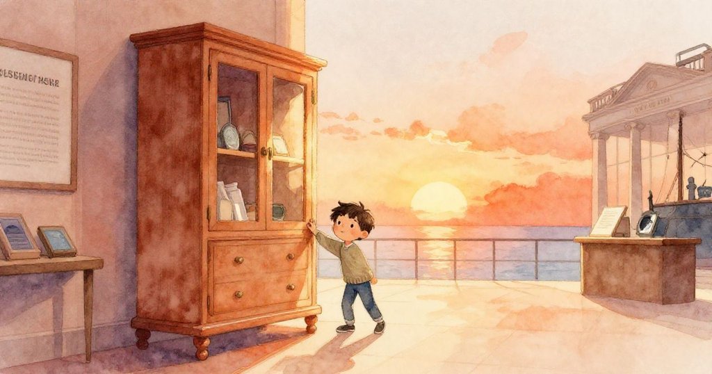 Theo 積極推動櫃子進入海事展館，臉上帶著好奇笑容，溫暖光影中展現展廳入口，情緒愉悅。