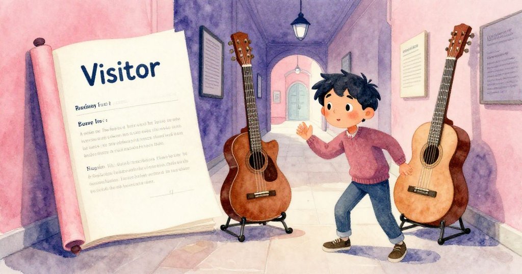 Theo不小心推動櫃子，導致捲起的導覽手冊與古樂器模型並排展示，畫面中色彩對比鮮明，情節發生中。