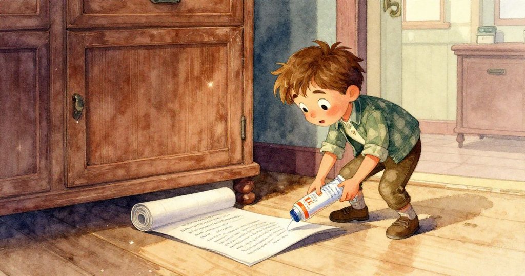 滾動的手冊管快速衝撞物品，導致展示板傾斜，展廳內物品連鎖反應展現動態與不尋常傾斜感，氣氛緊張。