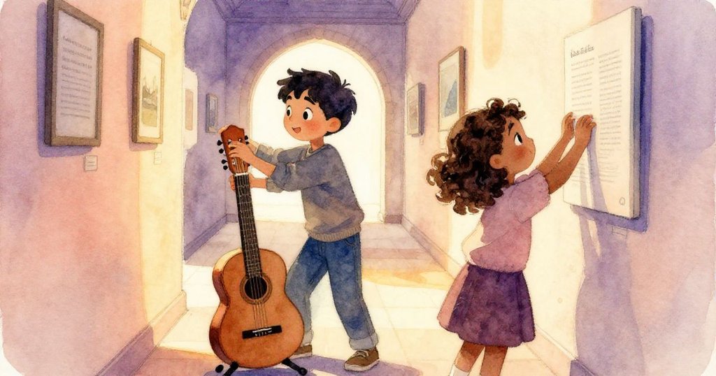 Theo 與 Rosa 合作穩定展品，他們集中修正地面的傾斜，充滿決心與和諧氣氛，場景溫暖動人。