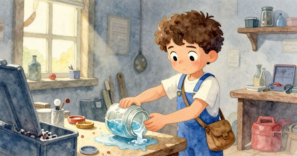 Quinn在工作台前發現水罐傾斜，觸碰袋子引發細流灑落，神情專注急速阻止水災，現場工具雜亂。