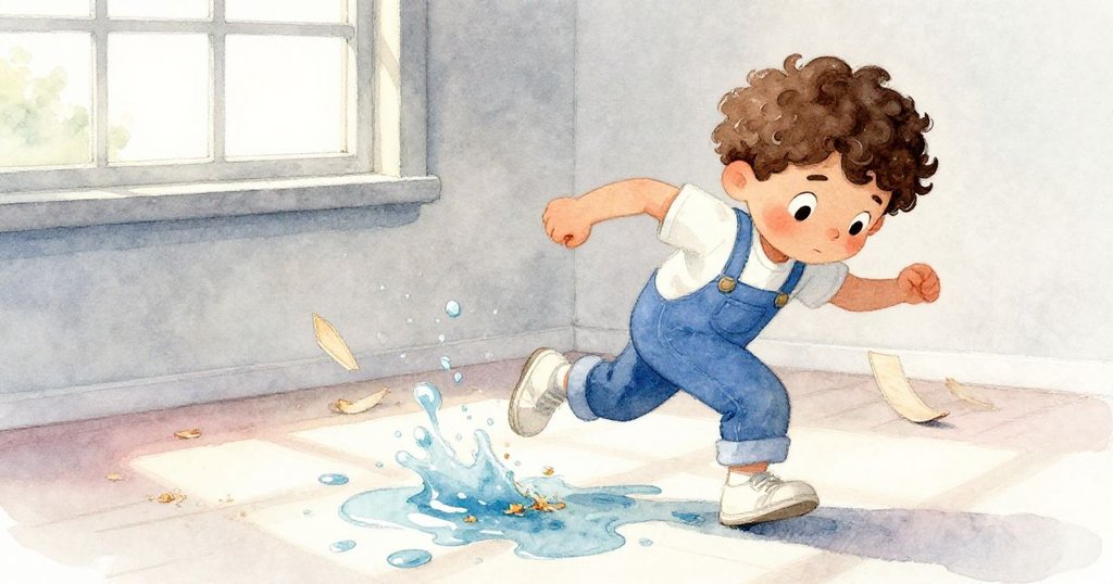 Quinn迅速伸手固定傾斜水罐，水流與鋸末混成泥狀，散落的木皮在前景滑動，動態捕捉混亂瞬間。